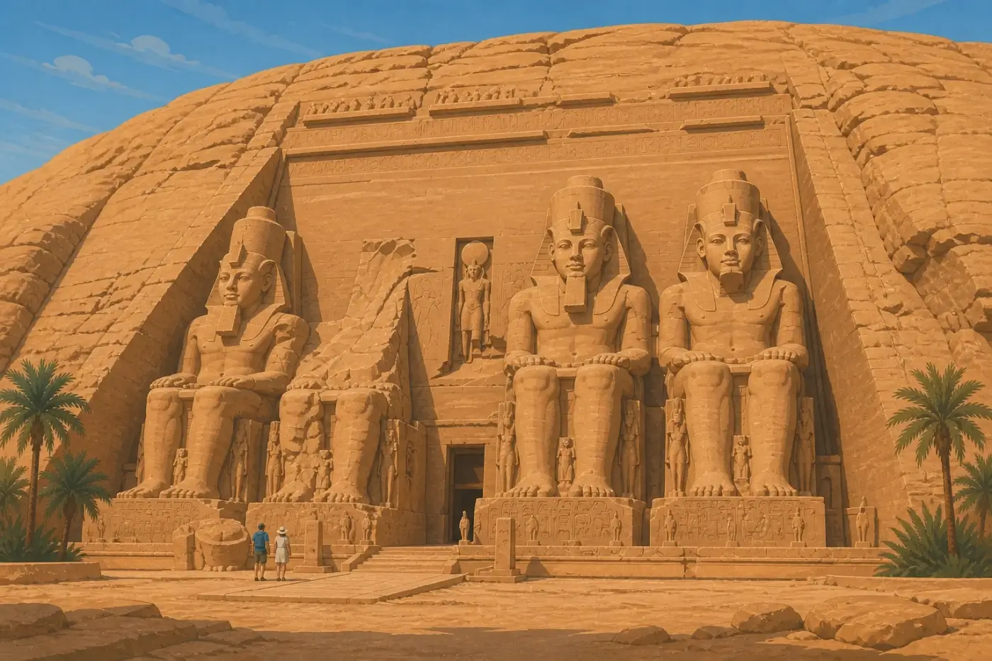 Ilustración de la fachada monumental del Gran Templo de Abu Simbel
