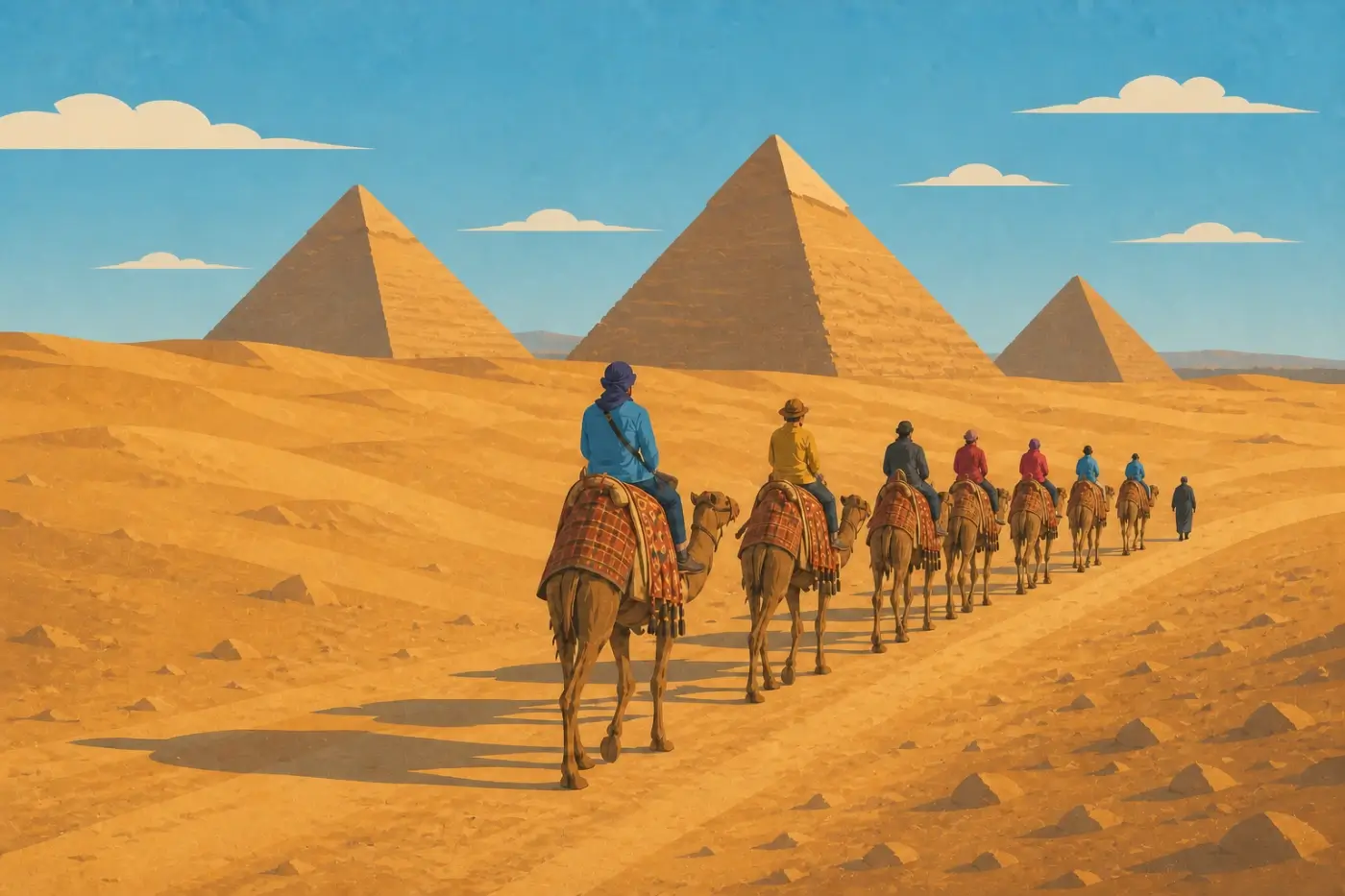 Ilustración de una caravana de camellos avanzando hacia las pirámides de Guiza