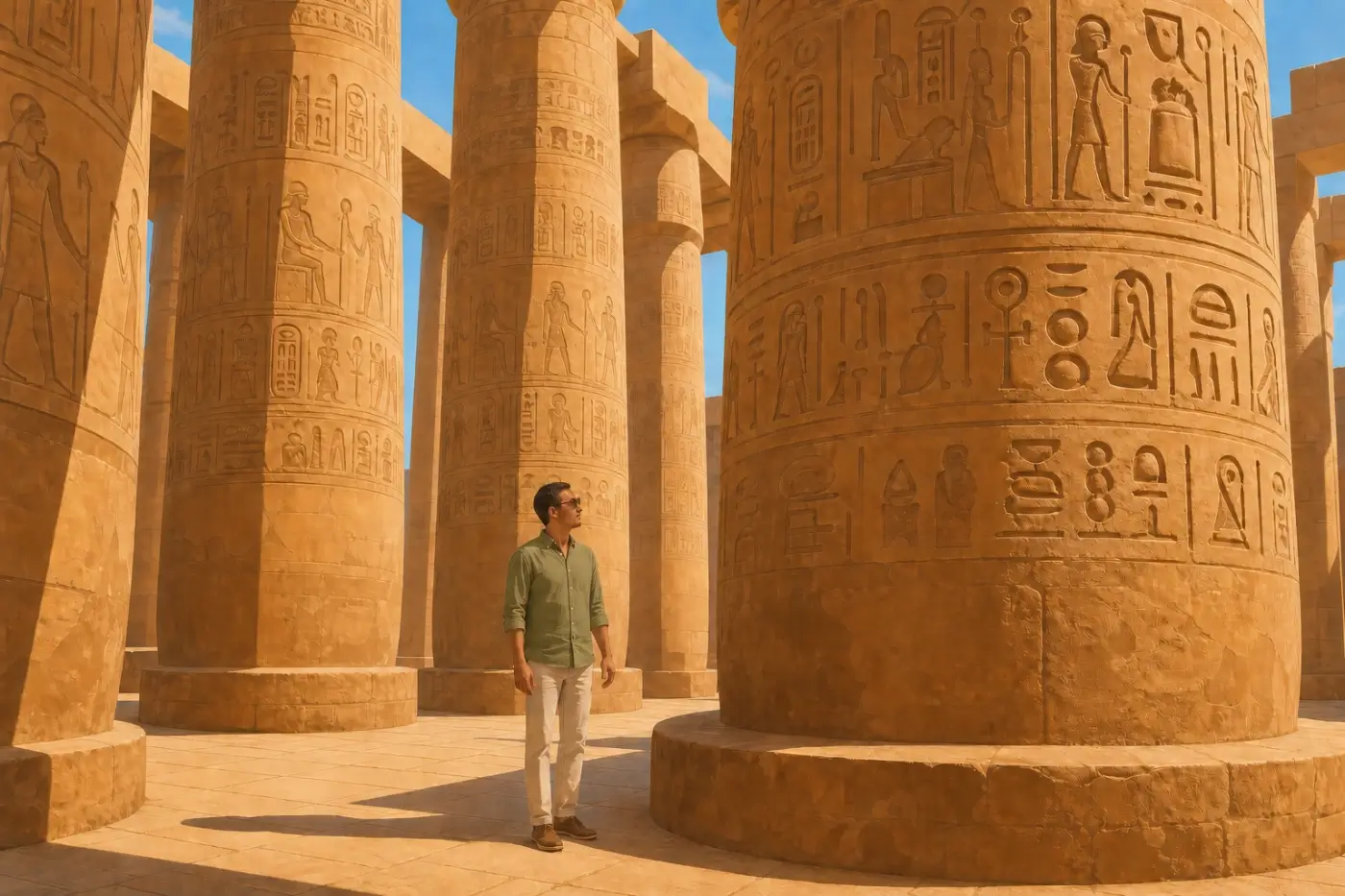 Ilustración de un viajero con camisa verde observando la sala hipóstila de Karnak